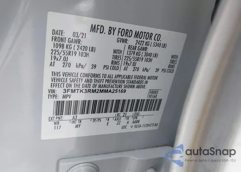 2021 Ford Mustang Mach-E Premium z USA, uszkodzony, nr VIN 3FMTK3RM2MMA25169